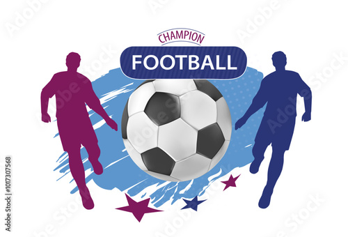 Football champion poster. Purple and blue silhouette of man hitting ball. Active lifestyle and team sports. Competition and tournament. Flat vector illustration isolated on white background