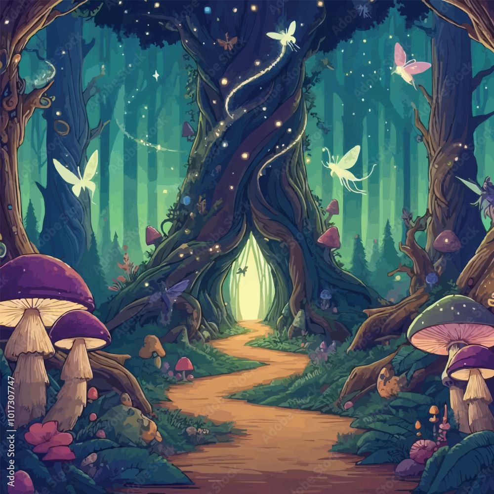 Obraz premium a forest with a forest path and a forest with a forest path.