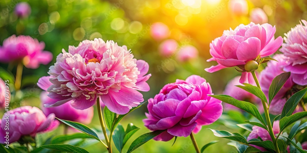 Obraz premium Delicate Pink Peonies Bask in Warm Sunlight, Their Petals Unfurling in a Garden of Lush Green Foliage