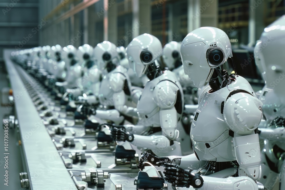 Smart factory with robotic workers, representing automated manufacturing