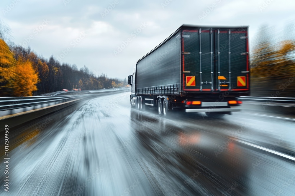 Rear view of a transport truck accelerating on a wet road, with motion blur in the background adding drama, representing fast and reliable freight services Rear view of a transport truck accelerating on a wet road, with motion blur in the background adding drama, representing fast and reliable freight services