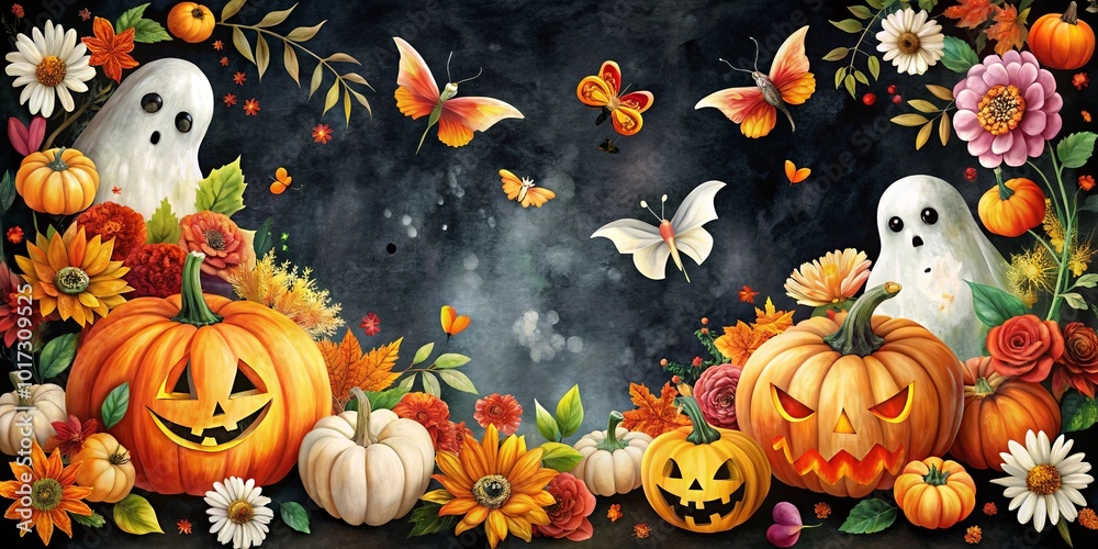 A Festive Gathering of Jack-O-Lanterns, Ghosts, and Autumnal Flowers, a Whimsical Celebration of the Season A Festive Gathering of Jack-O-Lanterns, Ghosts, and Autumnal Flowers, a Whimsical Celebration of the Season