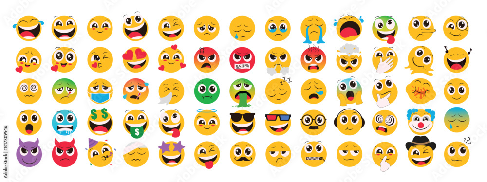Emoji flat characters vector set. Emojis icon collection in sad, crying, weird, in love, sick and funny facial expressions emoji elements in white isolated background. Vector illustration emoticons