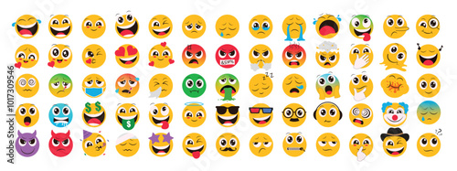 Obraz na płótnie Emoji flat characters vector set. Emojis icon collection in sad, crying, weird, in love, sick and funny facial expressions emoji elements in white isolated background. Vector illustration emoticons w salonie
