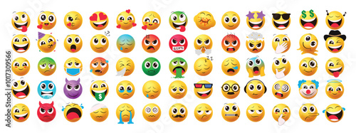 Emoji characters flat vector set. Emoticons naughty, in love, happy, funny, crying, angry, smile, sick and sad feelings facial expression collection elements in isolated background. Vector 