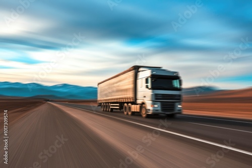 Transport truck cruising at high speed through a desert road, with motion blur emphasizing the endless journey and quick transport services