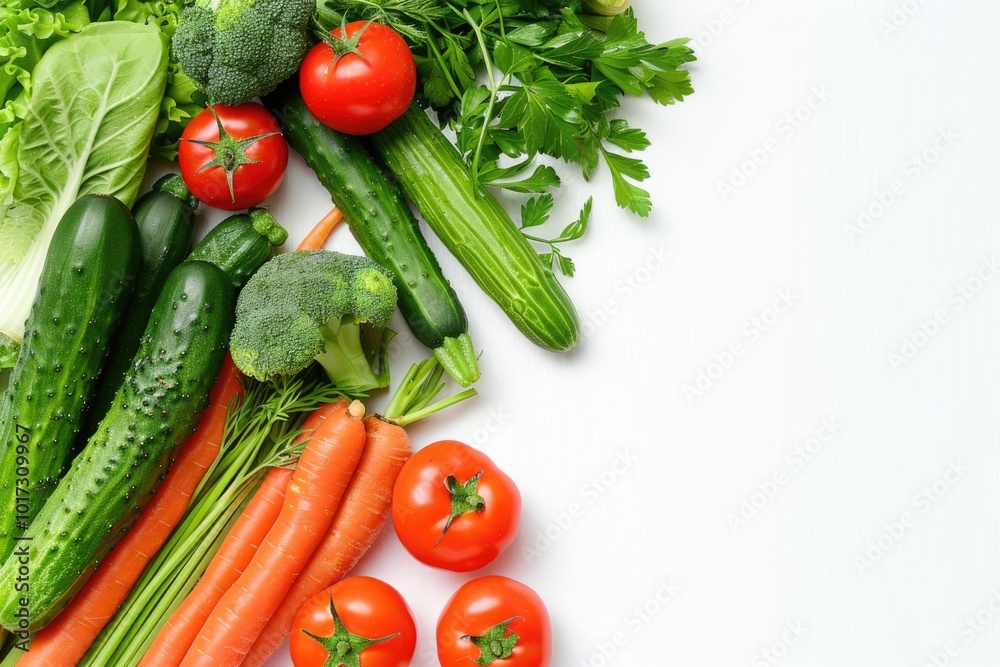 Fresh vegetables like carrots, tomatoes, and cucumbers spread out on a white background, with open space for copy Fresh vegetables like carrots, tomatoes, and cucumbers spread out on a white background, with open space for copy