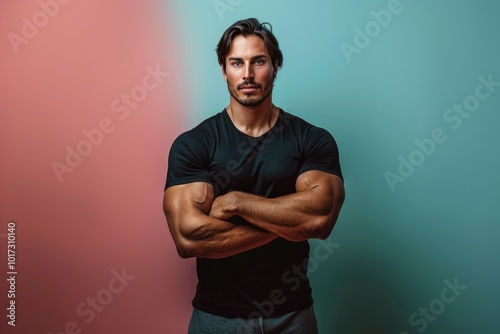 Smart and muscular man standing confidently, presenting with a fit body against a solid color backdrop, blending mental sharpness with physical strength