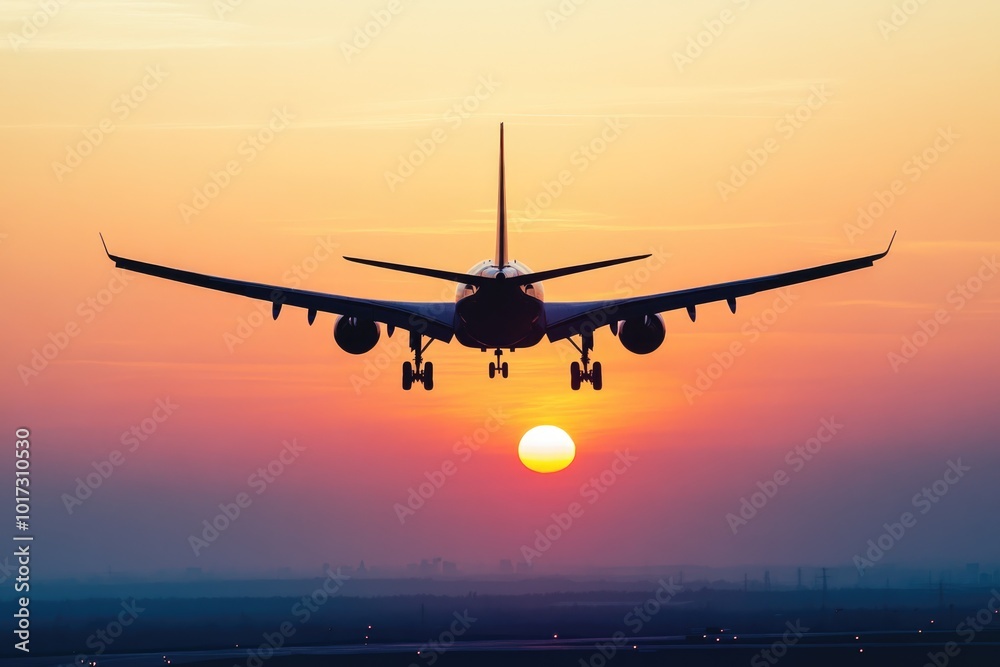 An airplane in flight, silhouetted against the rising sun, soaring into the clear early morning sky on a new adventure An airplane in flight, silhouetted against the rising sun, soaring into the clear early morning sky on a new adventure