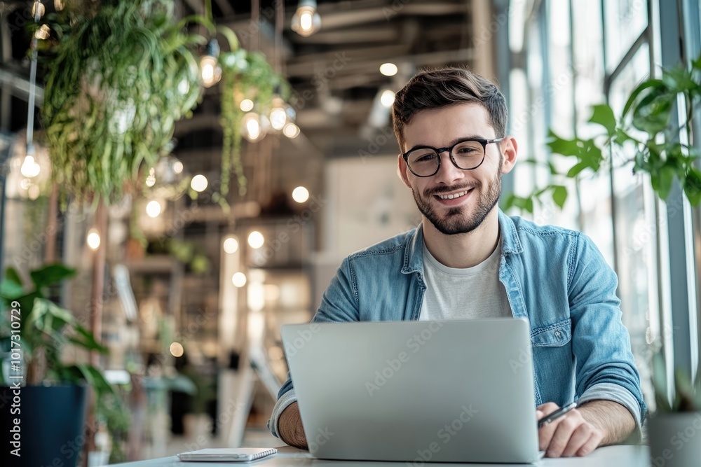 High-resolution brightly lit photorealistic candid photograph of a young professional man enjoying his work on a laptop in a stylish office. The photograph is styled like a high-end lifestyle High-resolution brightly lit photorealistic candid photograph of a young professional man enjoying his work on a laptop in a stylish office. The photograph is styled like a high-end lifestyle