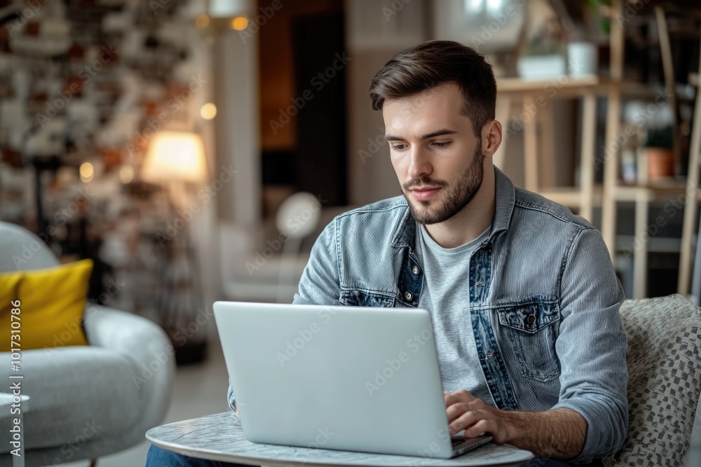 High-resolution brightly lit photorealistic candid photograph of a young man marketer focused on his laptop, surrounded by natural light and modern decor. The photograph is styled like a high-end High-resolution brightly lit photorealistic candid photograph of a young man marketer focused on his laptop, surrounded by natural light and modern decor. The photograph is styled like a high-end