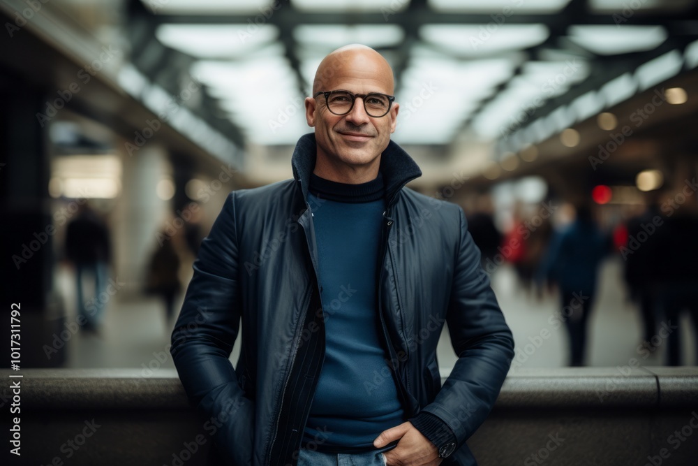 Handsome bald man in a blue jacket and glasses is looking at the camera and smiling. Handsome bald man in a blue jacket and glasses is looking at the camera and smiling.
