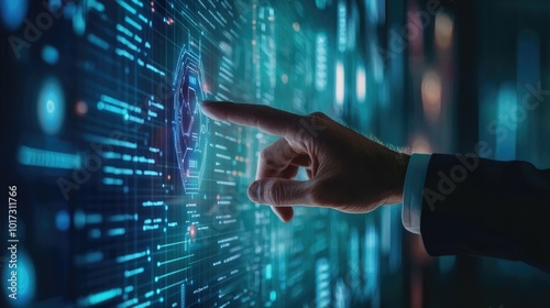 A businessman’s hand touching a high-tech digital screen, with a virtual background symbolizing AI, innovation, and the advancement of business technology.