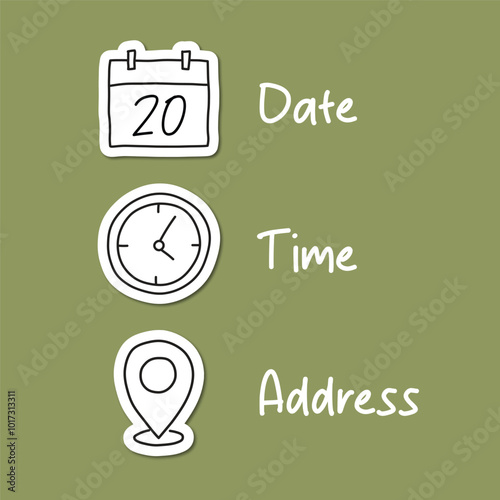 Date, Time and Address line icons. Symbol of time. A simple black and white drawing is drawn by hand and isolated on a white background.
