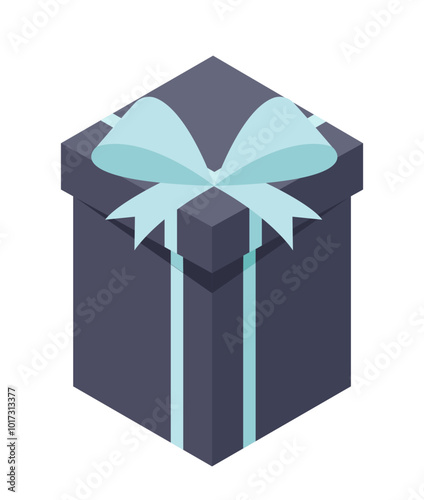 Gift box concept. Present and surprise in black giftbox with blue bow. Holiday and festival. New Year and birthday. Cardboard box. Isometric vector illustration isolated on white background
