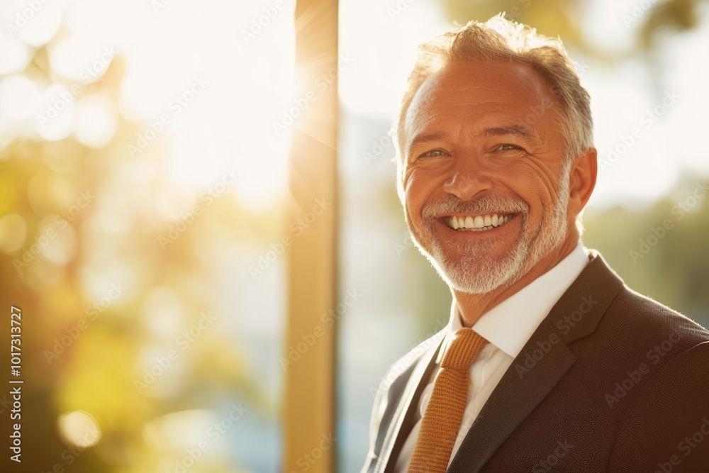 High-resolution brightly lit photorealistic candid photograph of a happy senior businessman captured in a high-end lifestyle magazine style. The bright, cheerful atmosphere reflects his joyful