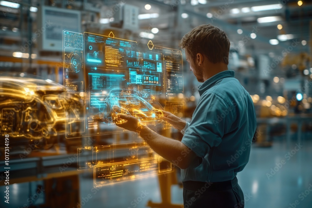 Very realistic and photographic photo of an engineer working with advanced holographic interfaces in a high-tech electric vehicle factory. The complex data displays symbolize business innovation, Very realistic and photographic photo of an engineer working with advanced holographic interfaces in a high-tech electric vehicle factory. The complex data displays symbolize business innovation,