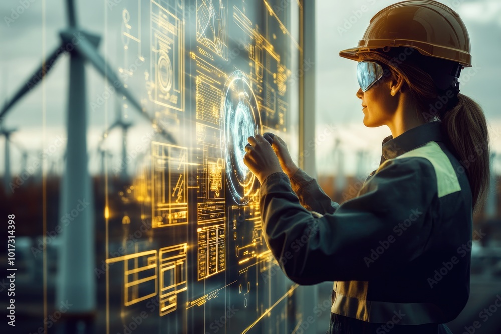 Very realistic and photographic photo of an engineer interacting with futuristic holographic interfaces at a wind turbine farm. The scene emphasizes innovation in wind turbine technology, with Very realistic and photographic photo of an engineer interacting with futuristic holographic interfaces at a wind turbine farm. The scene emphasizes innovation in wind turbine technology, with