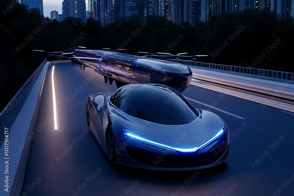 Futuristic landscape where people commute in flying cars and hyperloop ...