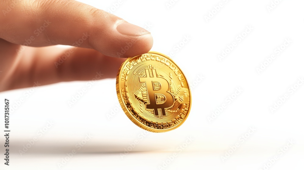 Hand holding a golden bitcoin, white isolated background. Hand holding a golden bitcoin, white isolated background.