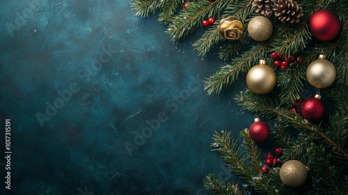 Christmas card with fir branches and Christmas decorations. Copy space.