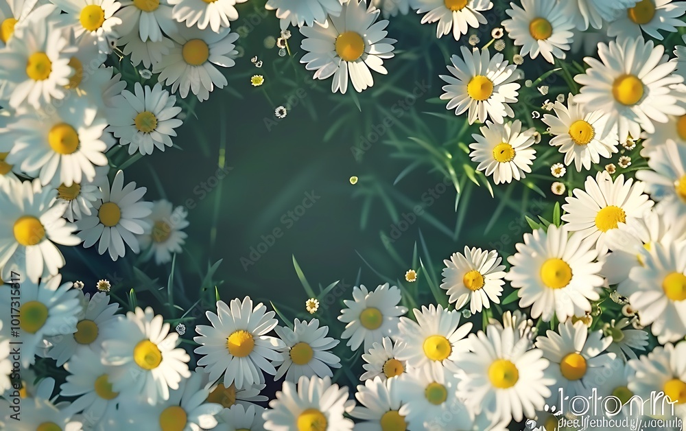 Green grass with white daisies in the garden, top view Green grass with white daisies in the garden, top view