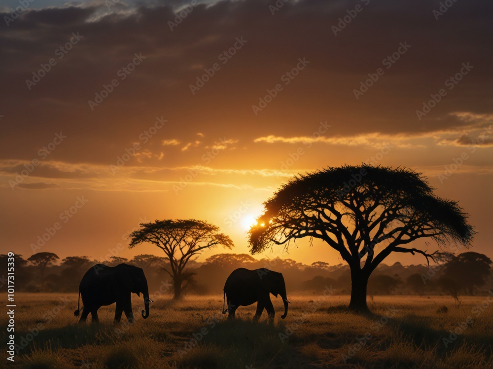 Fototapeta premium elephants at sunset in continent