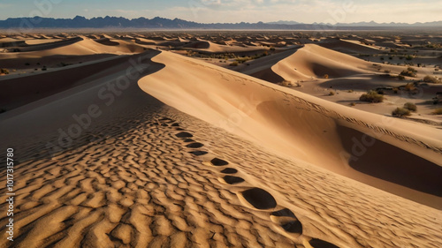 Golden sand dunes stretch across a vast desert, showcasing intricate wind-carved patterns under the clear sky, with distant mountain ranges on the horizon.