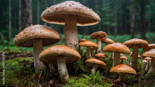A vast field of mushrooms, their large brown caps glistening under the sunlight, stretches out towards a distant forest under a clear blue sky.