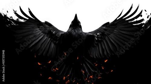 Majestic black crow with spread wings, artistic black and white illustration. photo