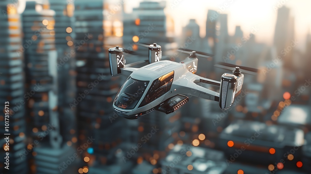 Futuristic electric flying car hovering over a modern triadic colored urban landscape showcasing the next of advanced eco friendly transportation