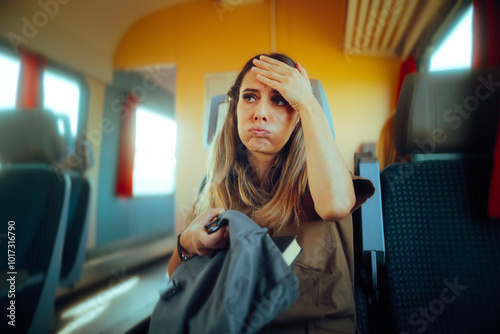 Stressed Girl Forgetting to Pack Something Important for a trip. Unhappy commuter making a mistake losing important paper
 photo