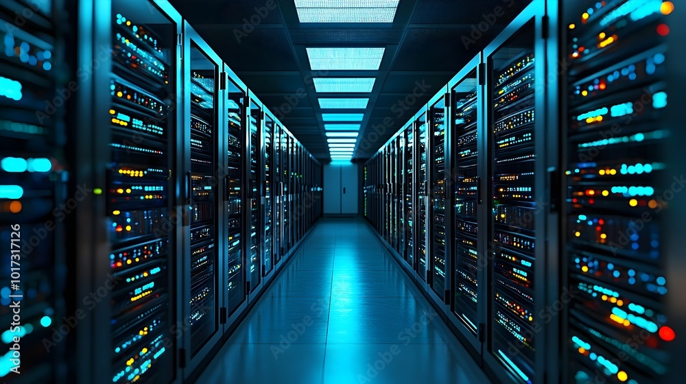 Futuristic data center with glowing blue server racks showcasing the technological infrastructure powering digital storage and information processing  A monochromatic color scheme creates a sleek