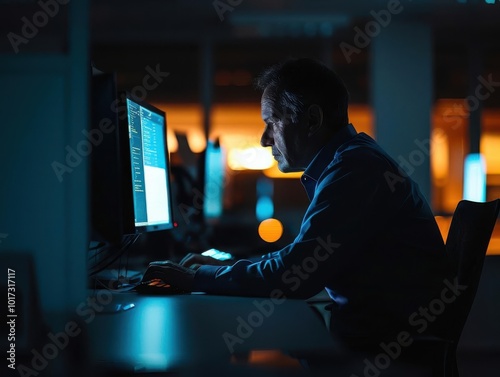 Man working on a computer in a dimly lit office, focused on screen during late hours.