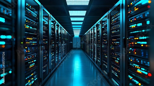 Futuristic data center with glowing blue server racks showcasing the technological infrastructure powering digital storage and information processing A monochromatic color scheme creates a sleek