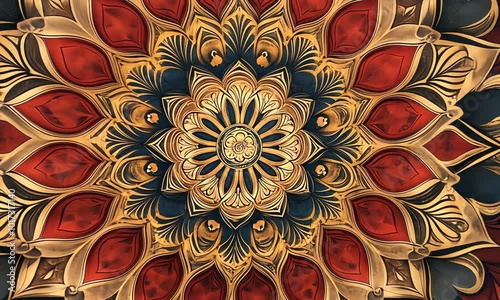 Detailed ornate mandala with red and gold floral pattern on a dark blue background.