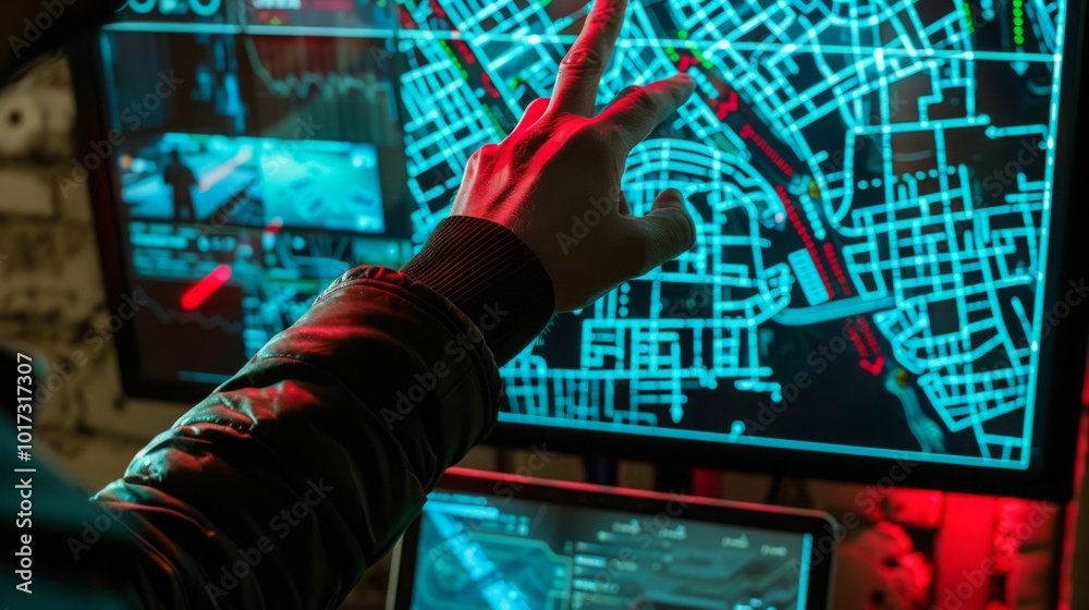 Fototapeta premium crime,prediction, future, digital, interface, real-time, data, map, risk, trends, visualization. technology, dark,analytics, security, surveillance, management, urban, safety,inteligence,monitoring