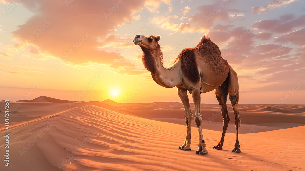 Camel is standing in the desert at sunset. Camel is standing in the desert at sunset.