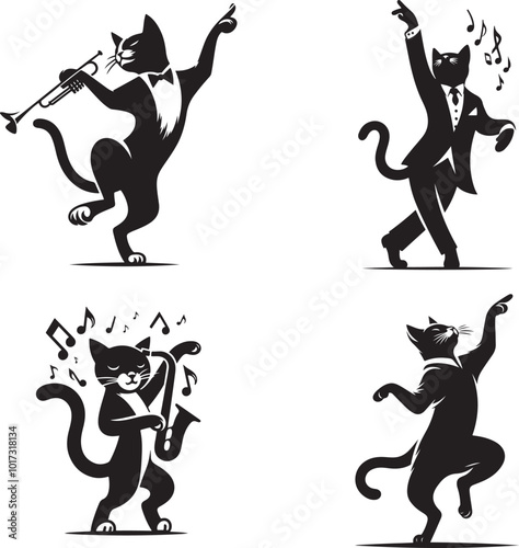 A jazz dancing cat with one paw in the air, the other behind its back vector style silhouette solid white background