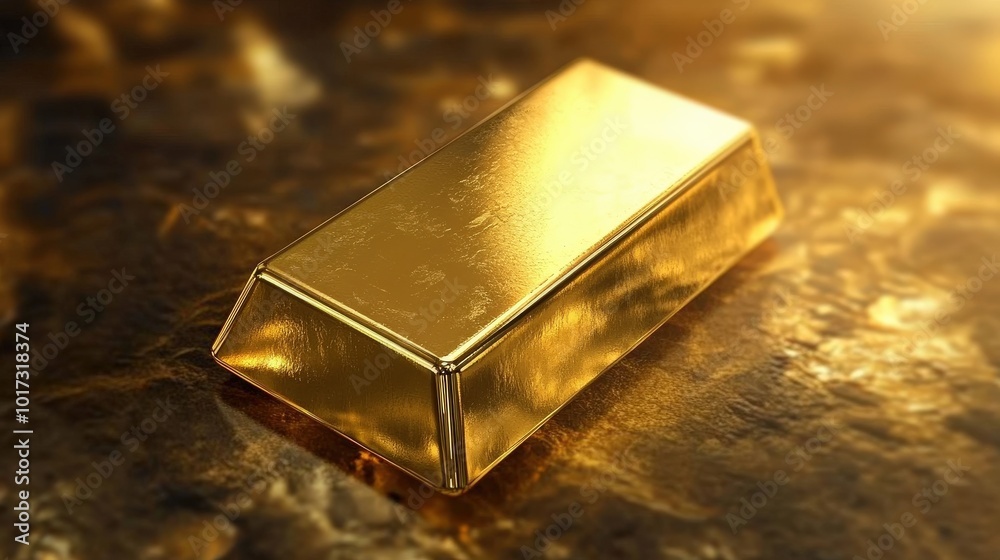 Shiny gold bar resting on a golden surface, symbolizing wealth and luxury. Shiny gold bar resting on a golden surface, symbolizing wealth and luxury.
