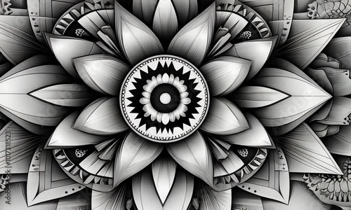 A detailed grayscale drawing of a flower with geometric patterns.
