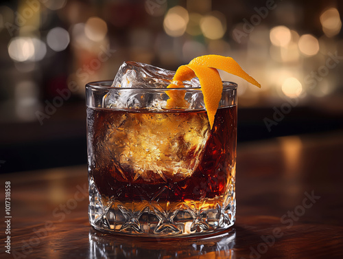 Classic Old Fashioned with a large ice cube and orange twist photo