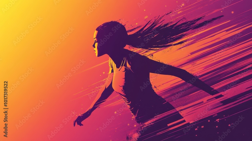 Silhouette of a Woman with Flowing Hair Running Against a Gradient Background Silhouette of a Woman with Flowing Hair Running Against a Gradient Background