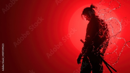 Silhouette of a ninja warrior against a dramatic red background.