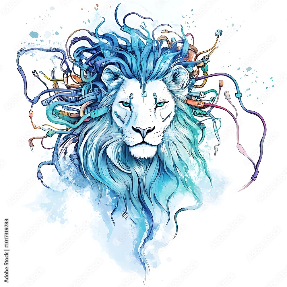 White Lion with Cable Mane, Digital Watercolor Illustration. White Lion with Cable Mane, Digital Watercolor Illustration.
