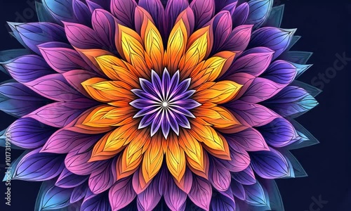 Abstract vibrant 3d flower with layers of petals in blue, pink, orange, and yellow colors on a dark blue background.