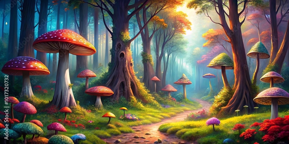 Fototapeta premium A Sunlit Path Through a Mystical Forest Filled with Giant Colorful Mushrooms and Lush Green Foliage