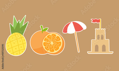 Summer Beach Icons with Pineapple, Orange, Umbrella, and Sandcastle Illustration

