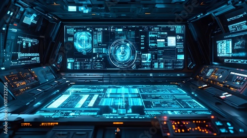 Futuristic holographic control panels and advanced technology inside a high tech space station floating in the vastness of outer space showcasing the future of space and digital communication