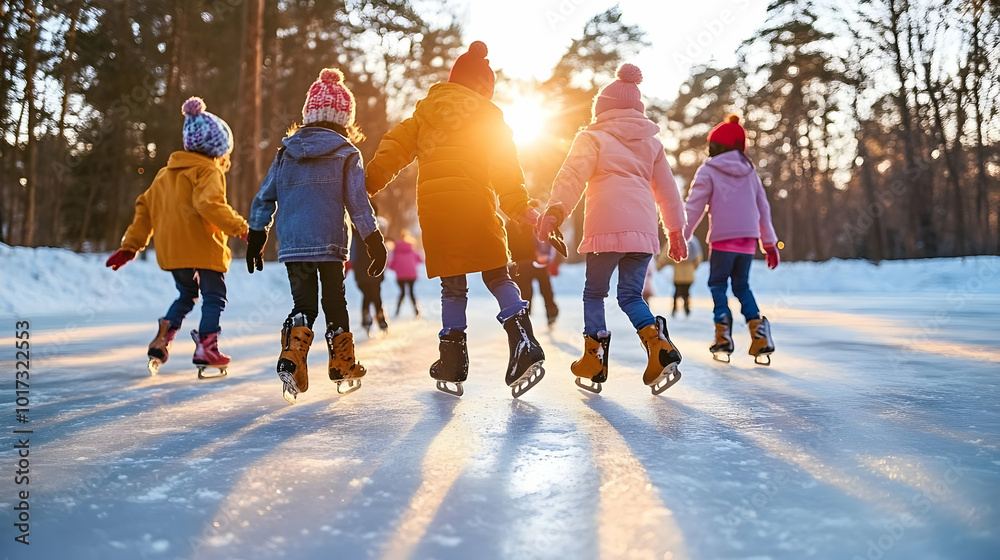 Children ice skating on a frozen lake during sunset. Children ice skating on a frozen lake during sunset.